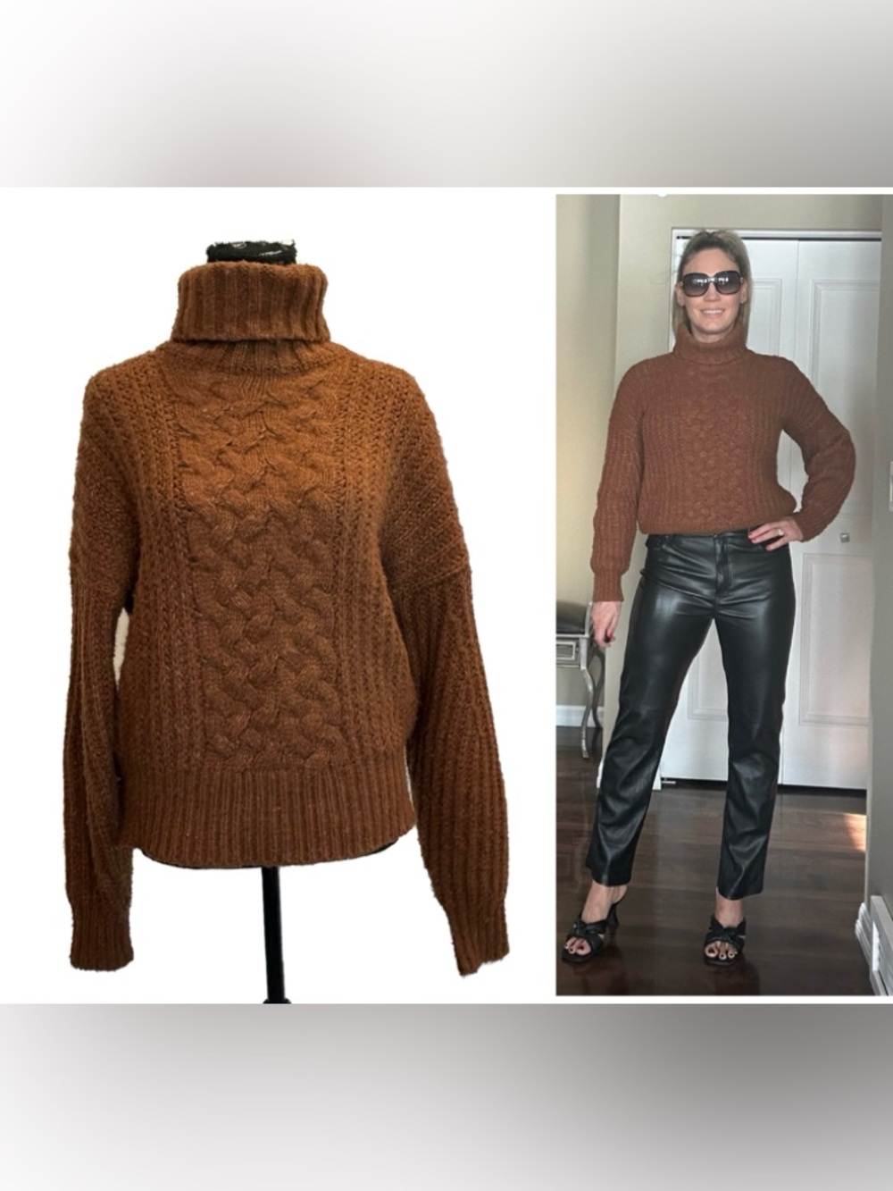Twik Camel Brown Turtleneck Chunky Cable Knit Sweater Sz M